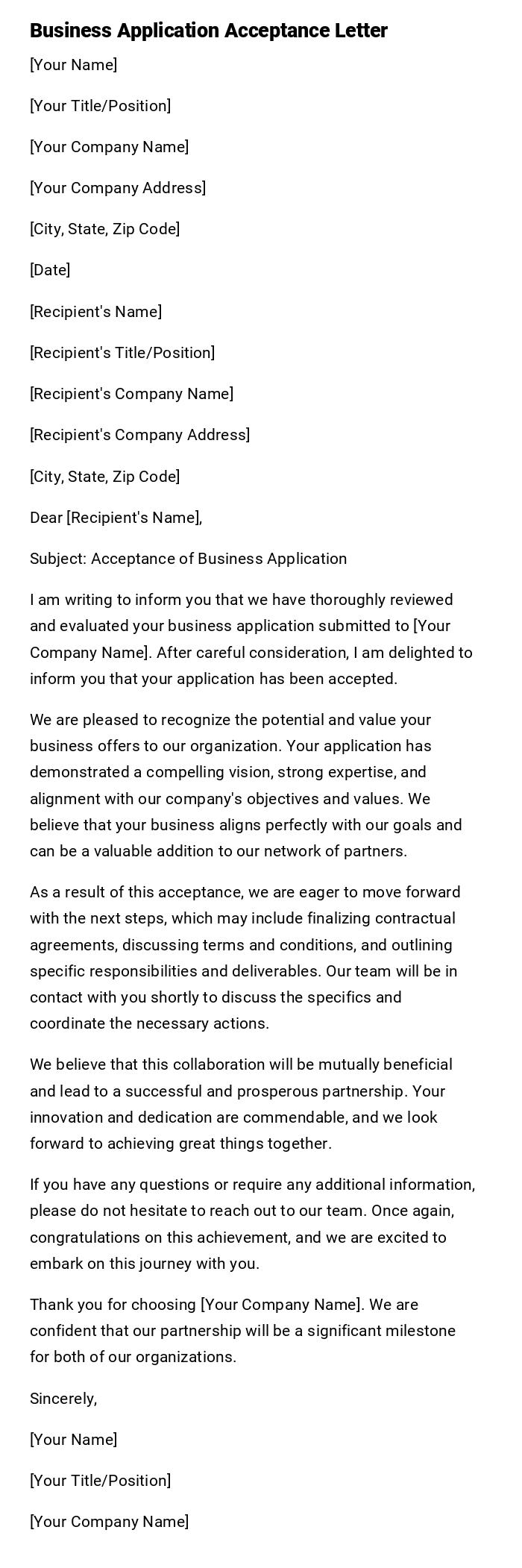 Business Application Acceptance Letter