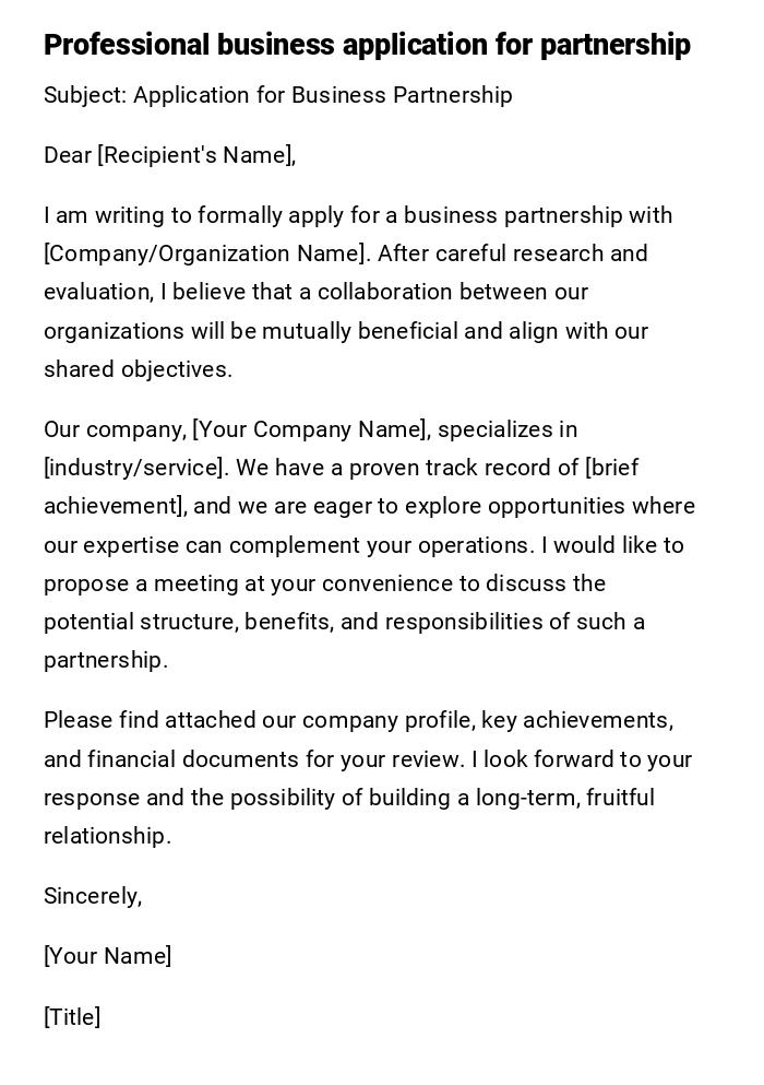 Professional business application for partnership