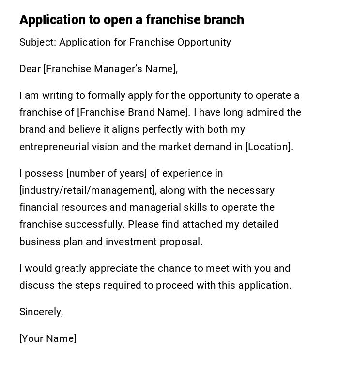 Application to open a franchise branch