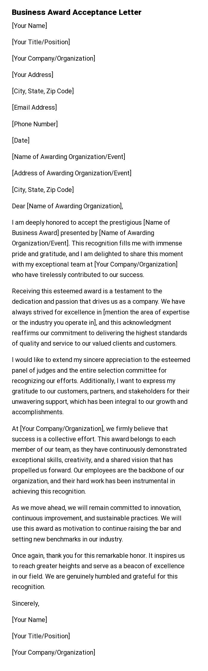 Business Award Acceptance Letter