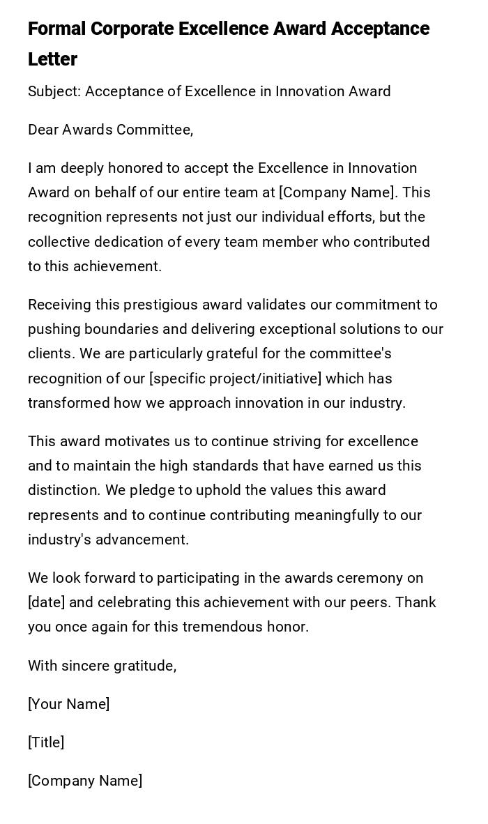Formal Corporate Excellence Award Acceptance Letter Formal Corporate Excellence Award Acceptance Letter