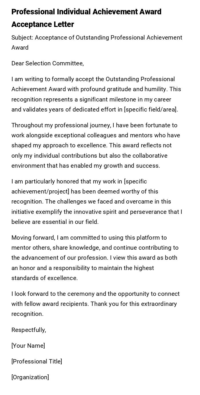 Professional Individual Achievement Award Acceptance Letter Professional Individual Achievement Award Acceptance Letter