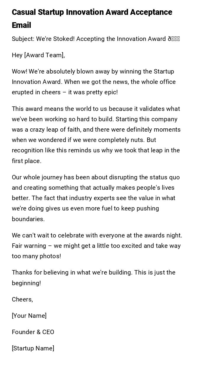 Casual Startup Innovation Award Acceptance Email Casual Startup Innovation Award Acceptance Email