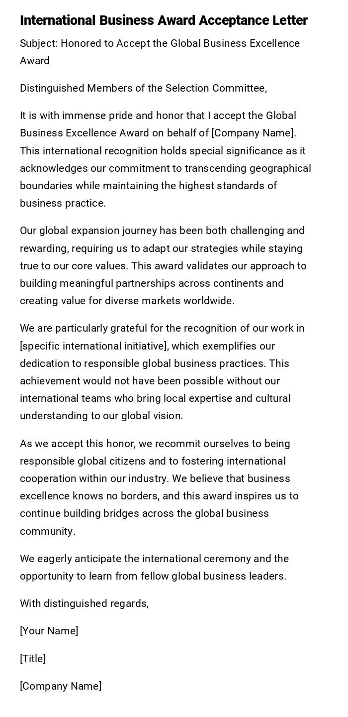 International Business Award Acceptance Letter International Business Award Acceptance Letter