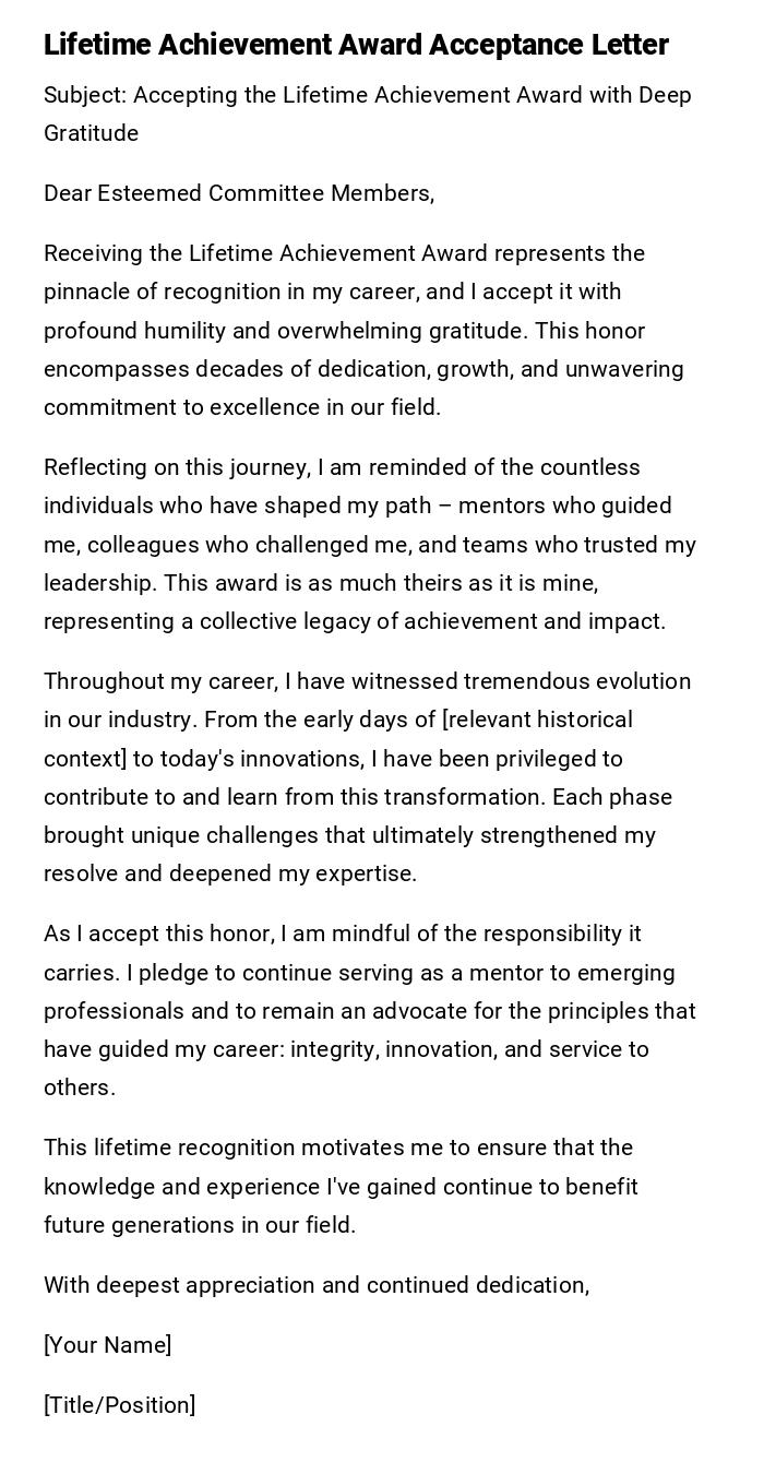 Lifetime Achievement Award Acceptance Letter Lifetime Achievement Award Acceptance Letter