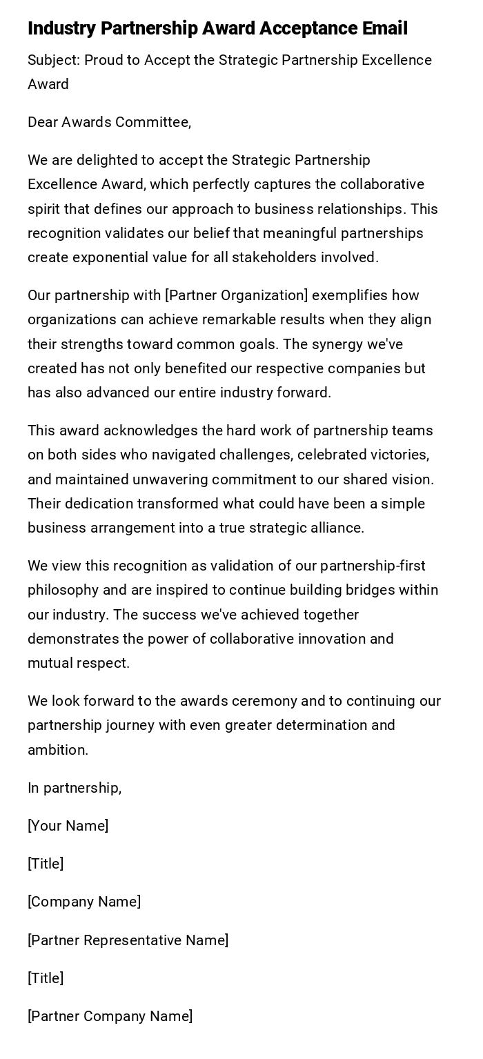 Industry Partnership Award Acceptance Email Industry Partnership Award Acceptance Email