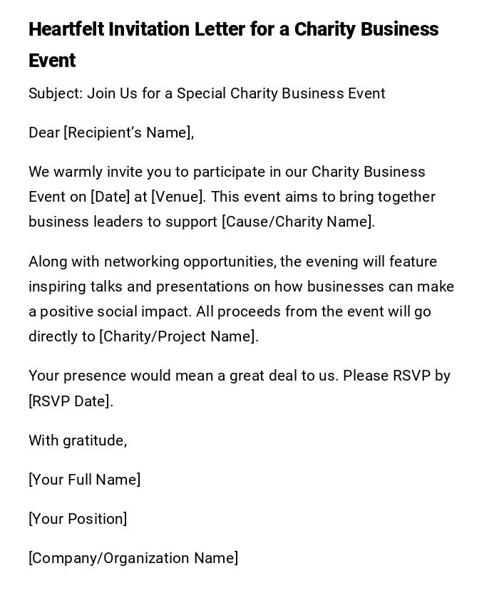 Heartfelt Invitation Letter for a Charity Business Event Heartfelt Invitation Letter for a Charity Business Event