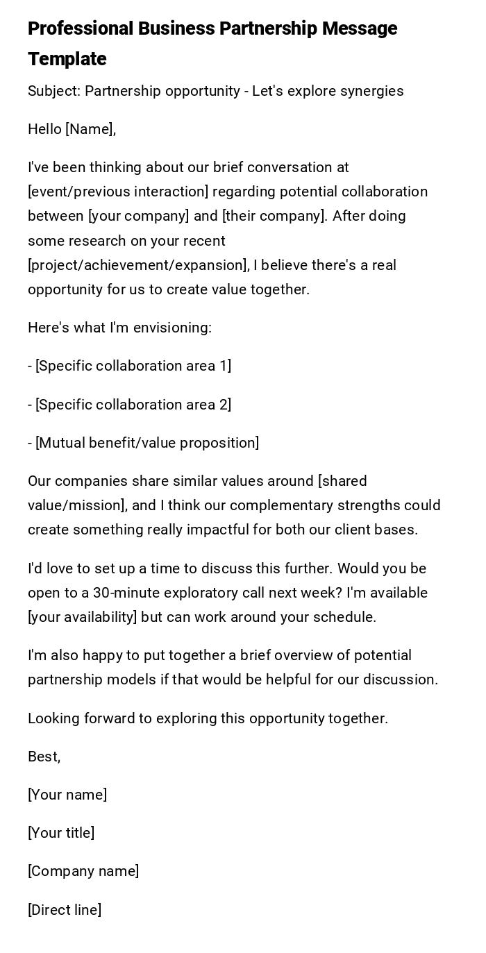 Professional Business Partnership Message Template