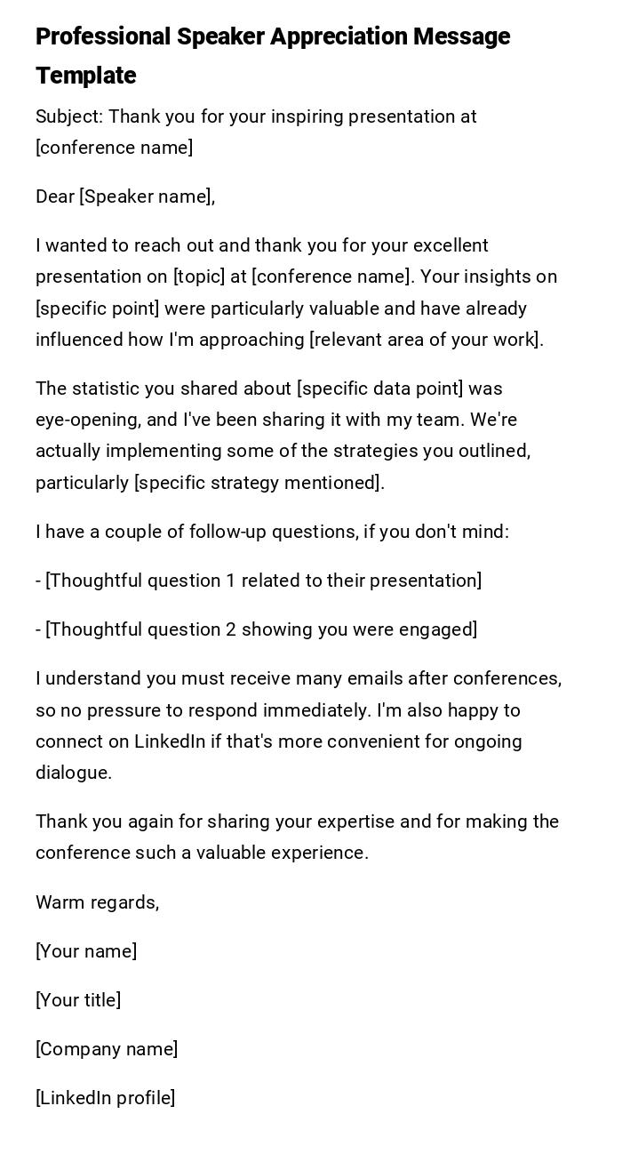 Professional Speaker Appreciation Message Template