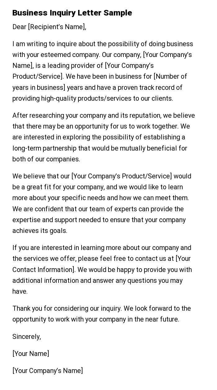 Business Inquiry Letter Sample