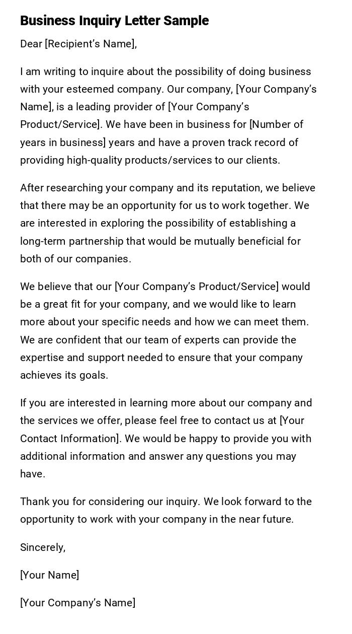 Business Inquiry Letter Sample