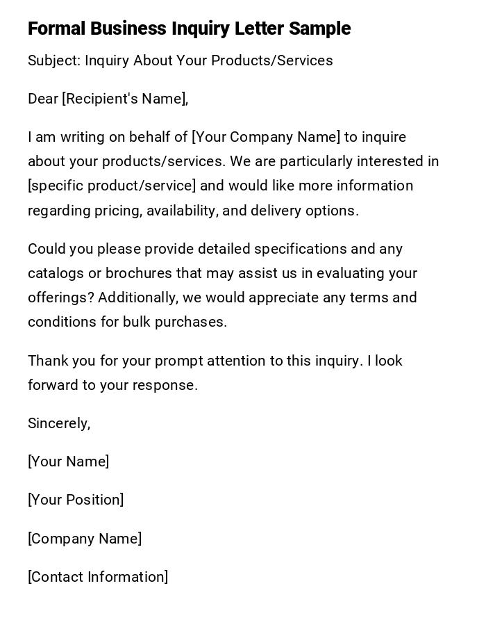 Formal Business Inquiry Letter Sample