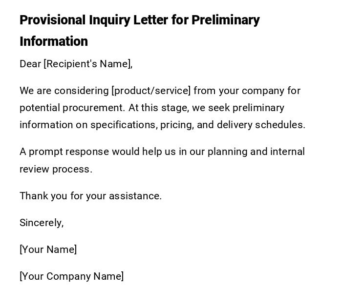 Provisional Inquiry Letter for Preliminary Information