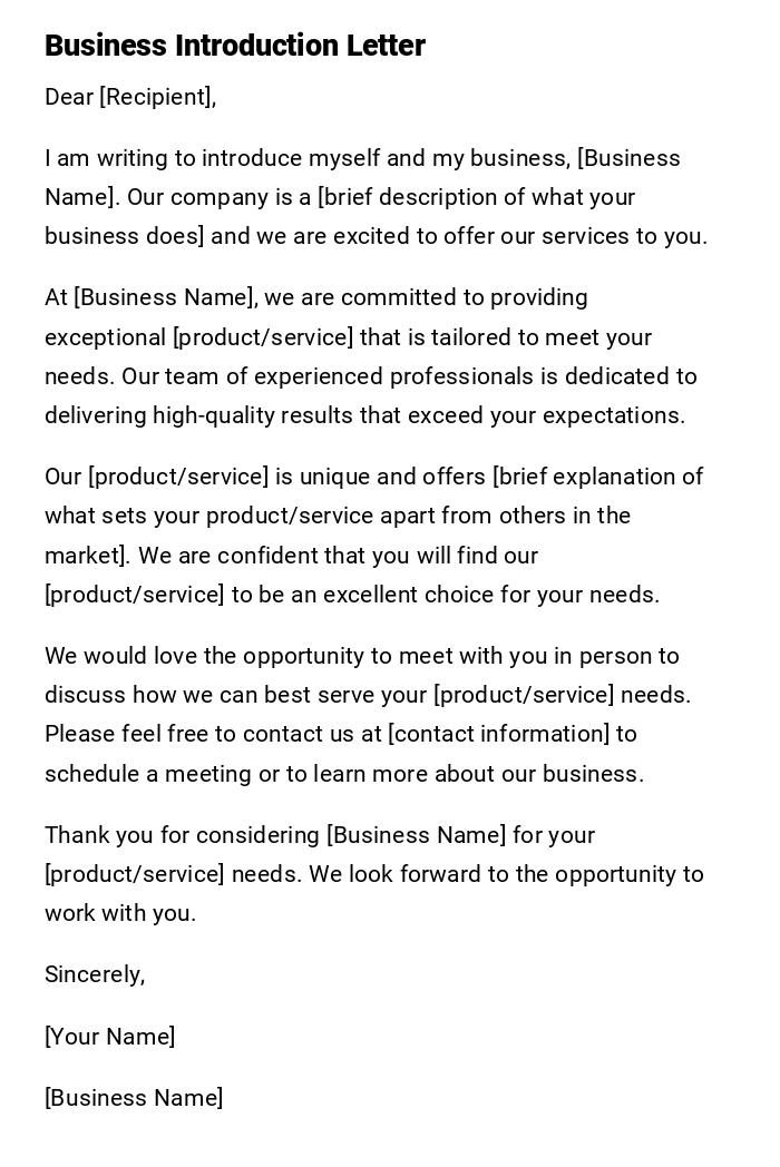 Business Introduction Letter Business Introduction Letter