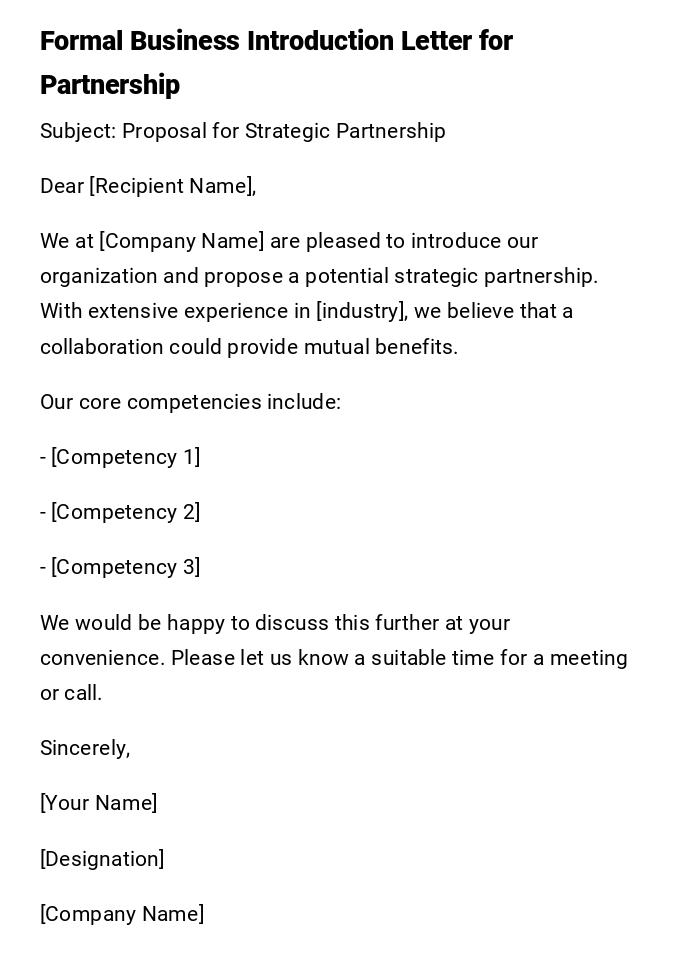 Formal Business Introduction Letter for Partnership