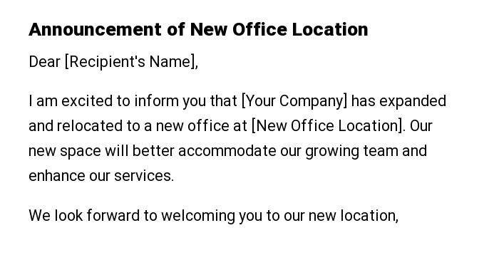 Announcement of New Office Location