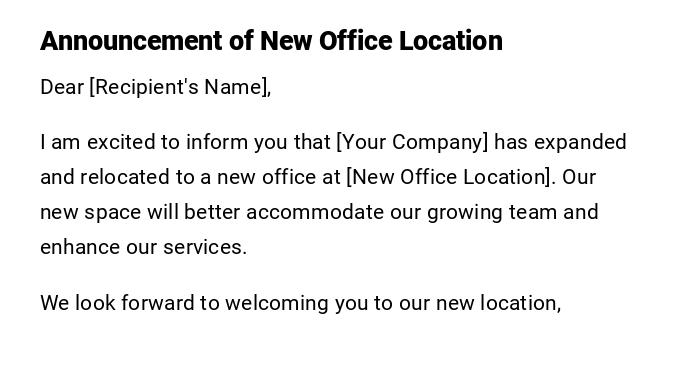 Announcement of New Office Location