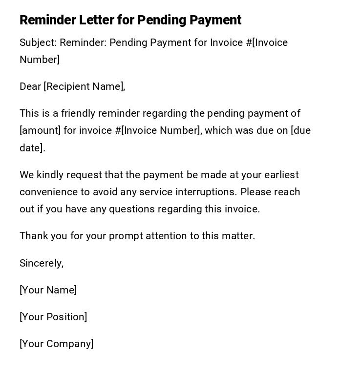Reminder Letter for Pending Payment