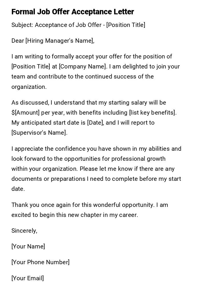 Formal Job Offer Acceptance Letter Formal Job Offer Acceptance Letter