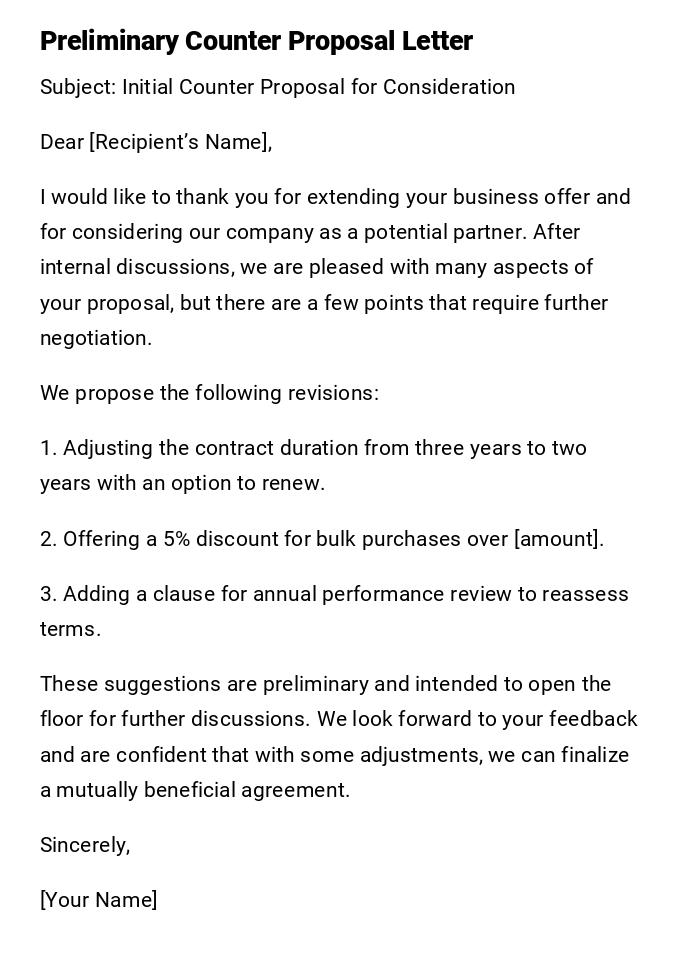Preliminary Counter Proposal Letter Preliminary Counter Proposal Letter