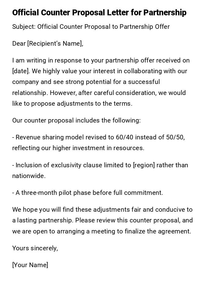 Official Counter Proposal Letter for Partnership Official Counter Proposal Letter for Partnership