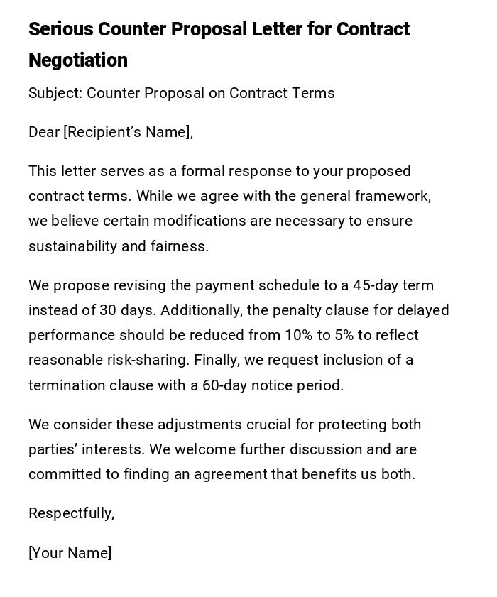 Serious Counter Proposal Letter for Contract Negotiation Serious Counter Proposal Letter for Contract Negotiation