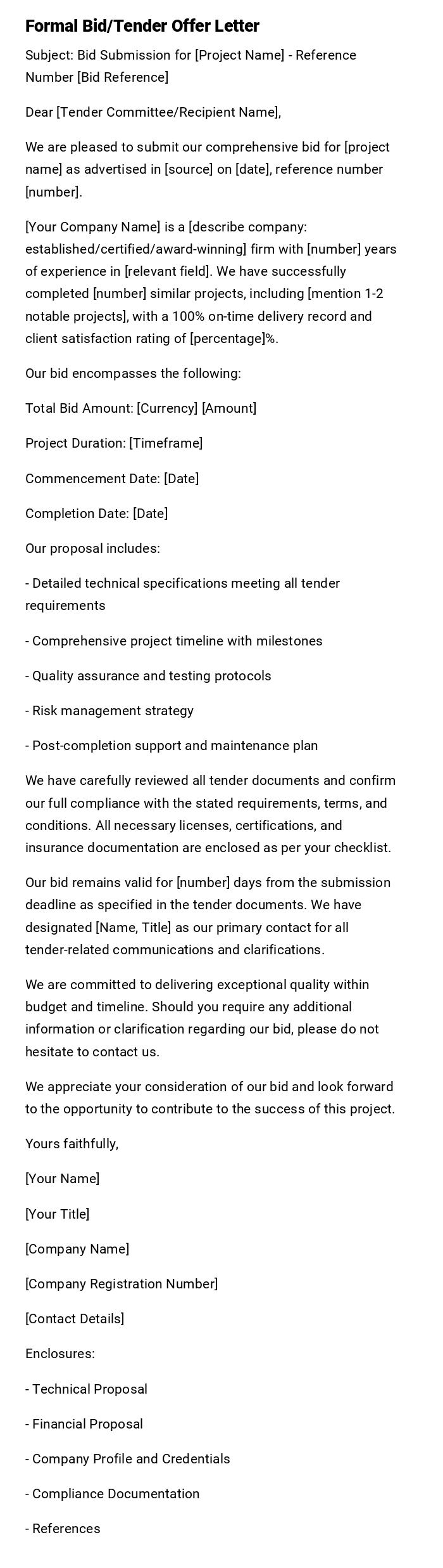 Formal Bid/Tender Offer Letter Formal Bid/Tender Offer Letter