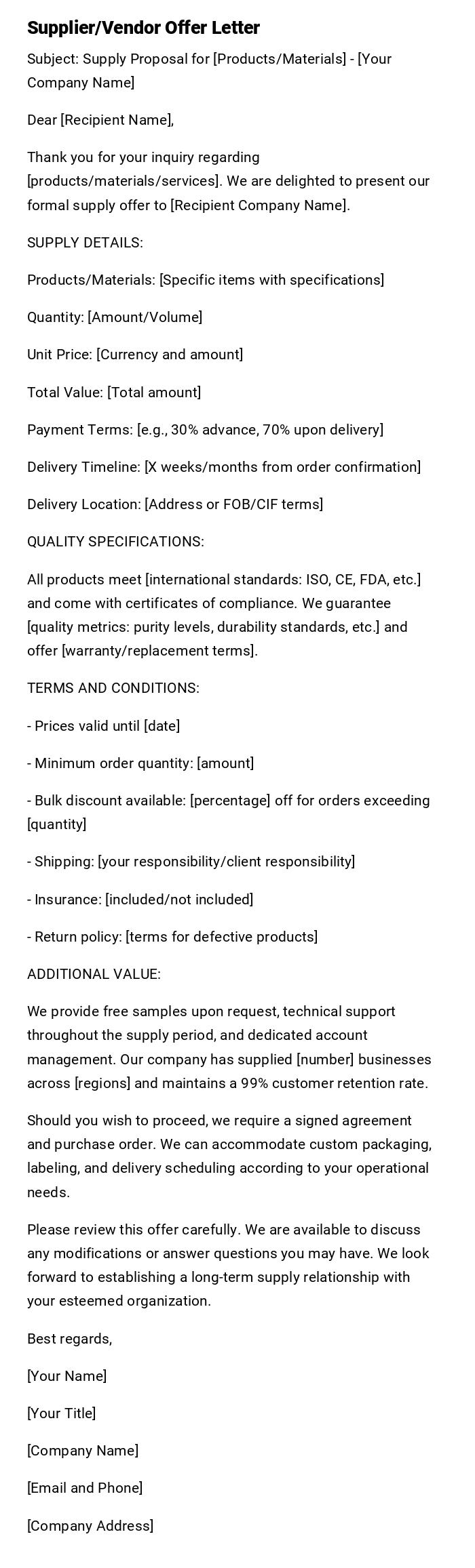 Supplier/Vendor Offer Letter Supplier/Vendor Offer Letter