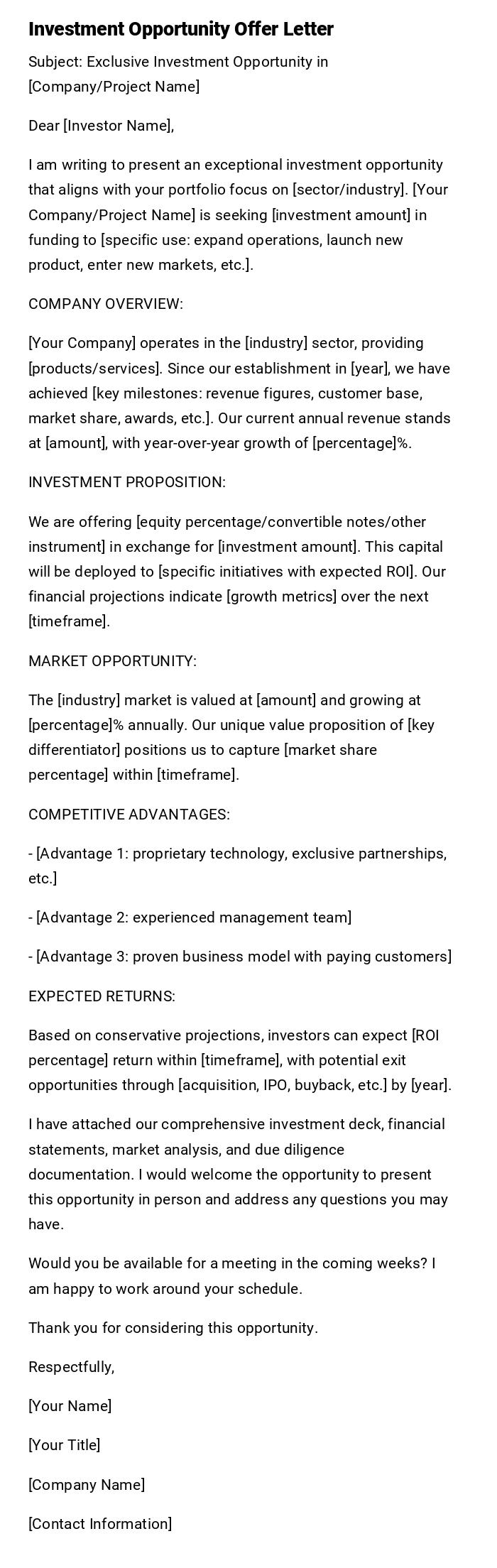 Investment Opportunity Offer Letter Investment Opportunity Offer Letter