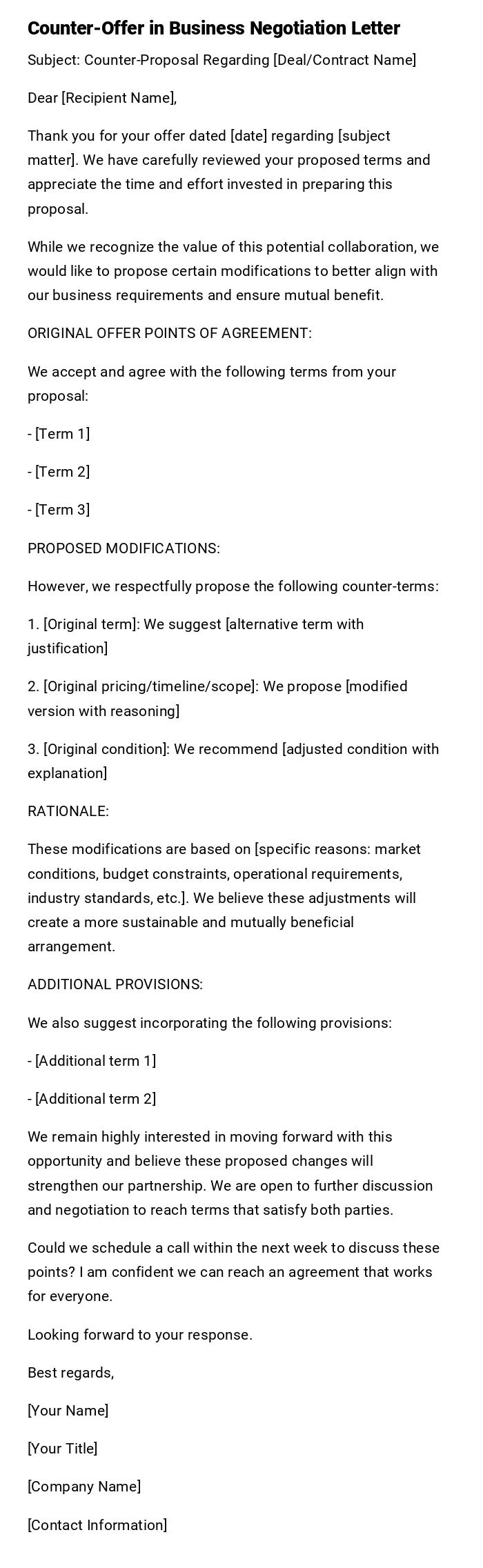 Counter-Offer in Business Negotiation Letter Counter-Offer in Business Negotiation Letter