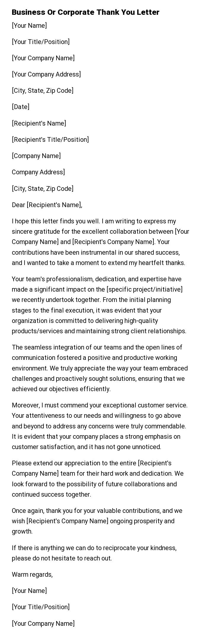 Business Or Corporate Thank You Letter