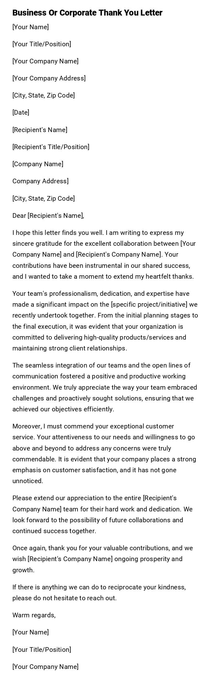 Business Or Corporate Thank You Letter