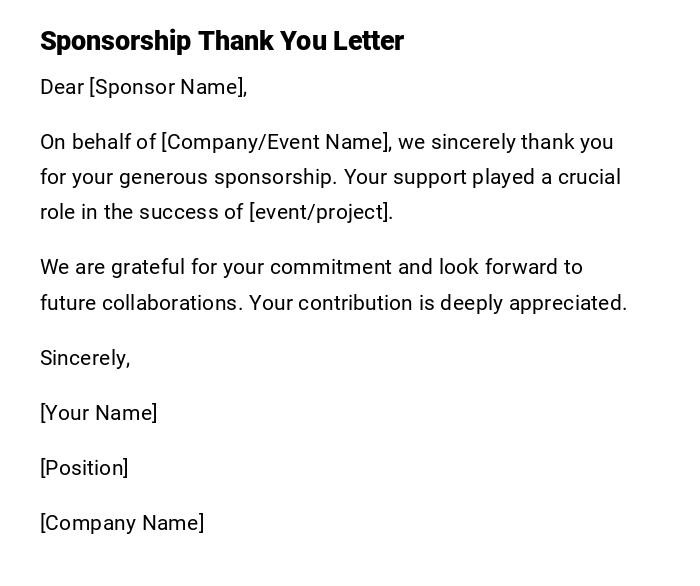 Sponsorship Thank You Letter Sponsorship Thank You Letter