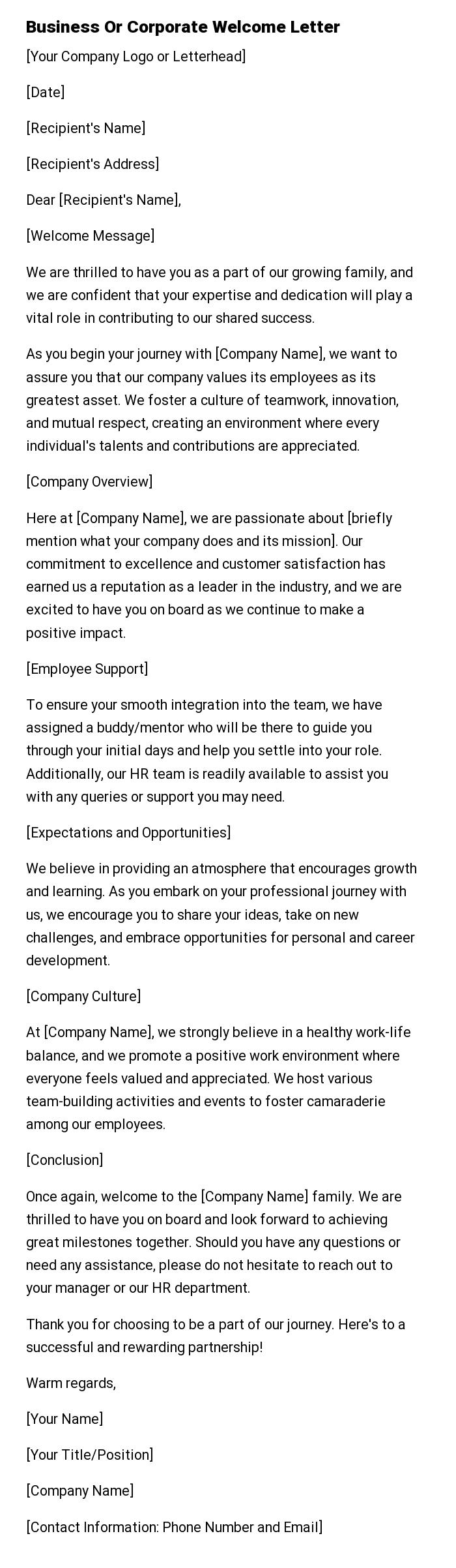 Business Or Corporate Welcome Letter