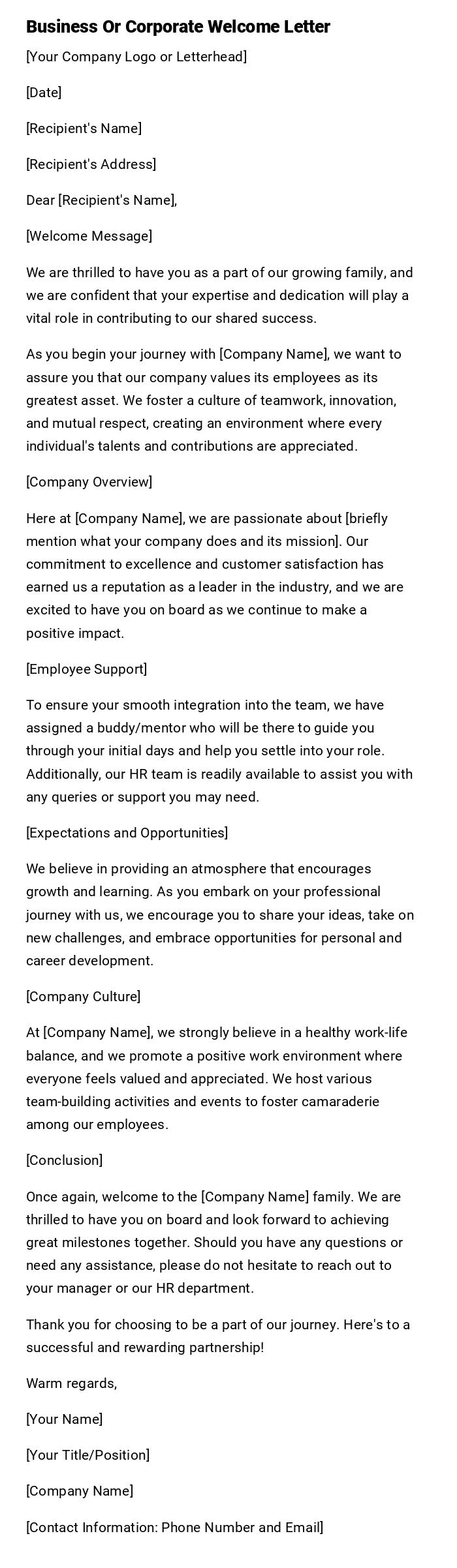 Business Or Corporate Welcome Letter