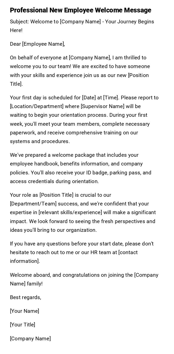 Professional New Employee Welcome Message Professional New Employee Welcome Message