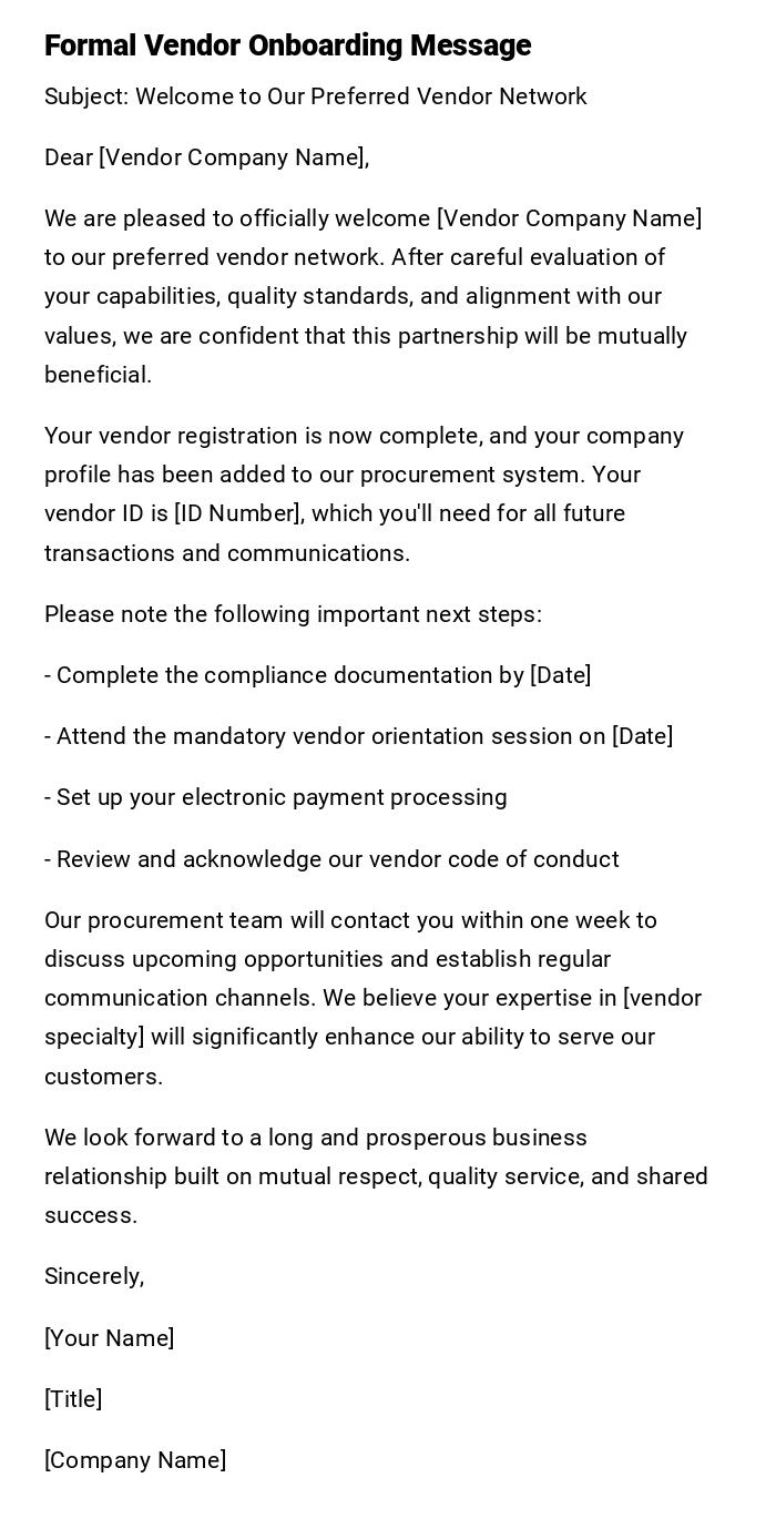 Formal Vendor Onboarding Message Formal Vendor Onboarding Message