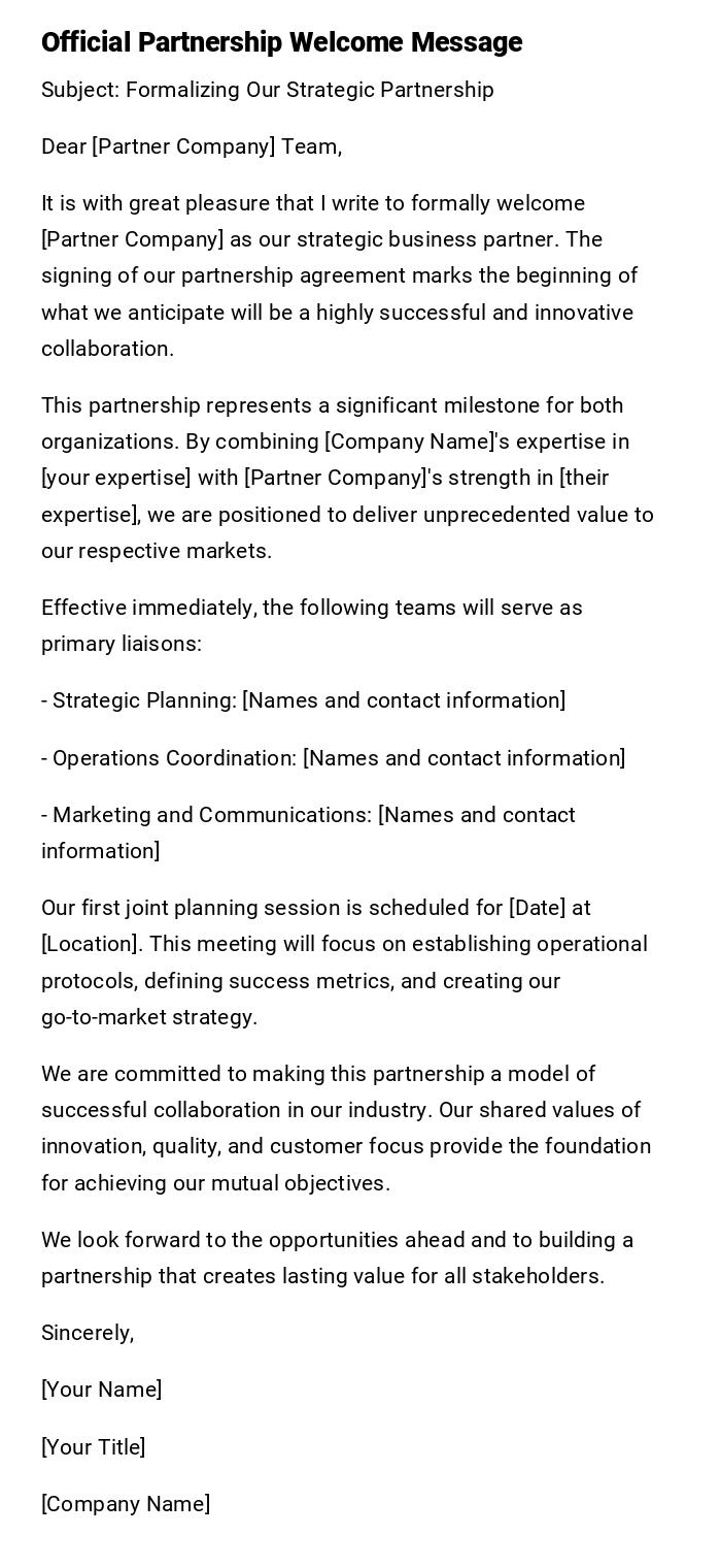 Official Partnership Welcome Message Official Partnership Welcome Message
