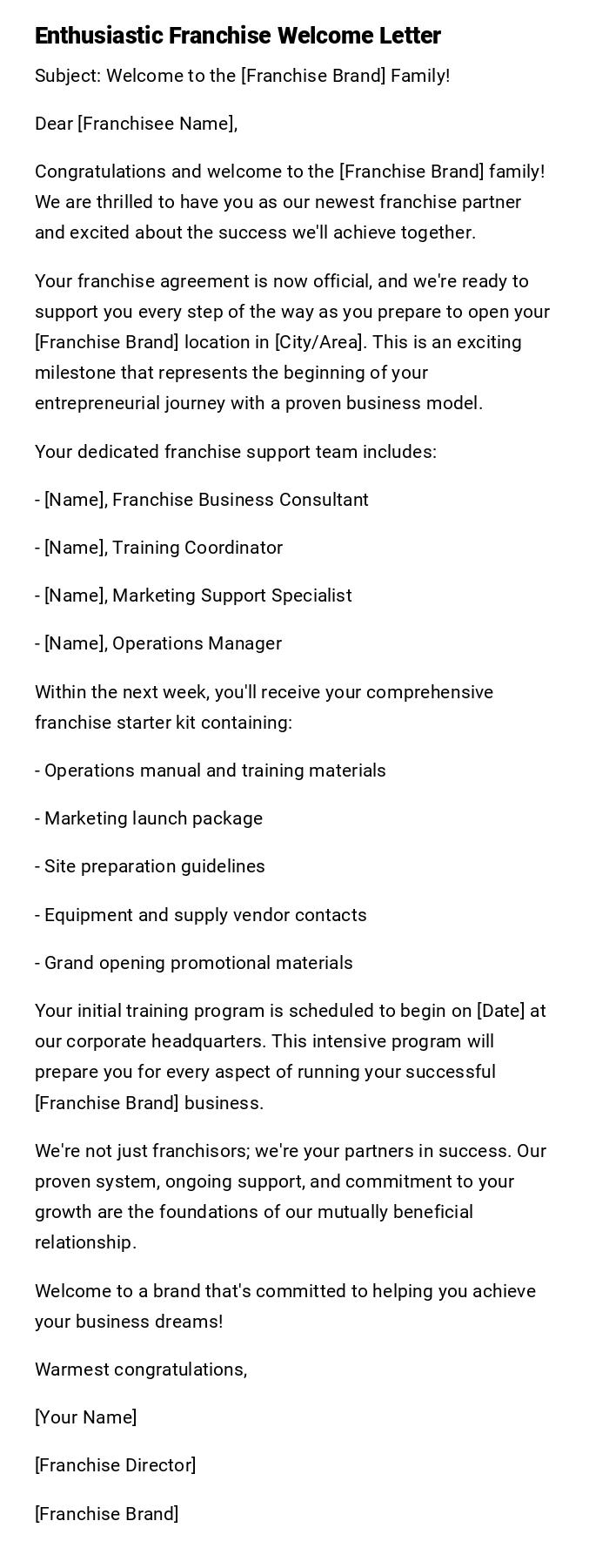 Enthusiastic Franchise Welcome Letter Enthusiastic Franchise Welcome Letter