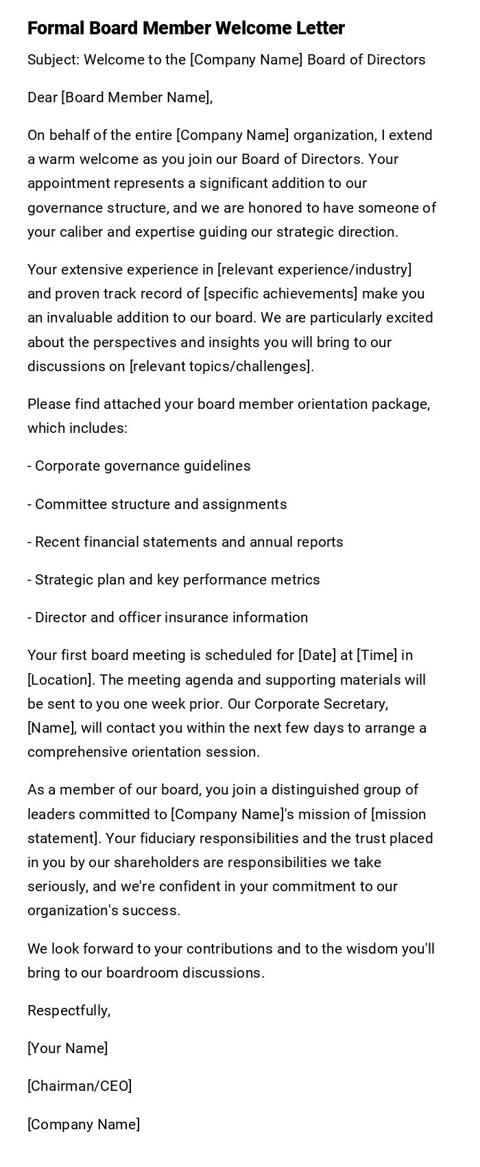 Formal Board Member Welcome Letter Formal Board Member Welcome Letter