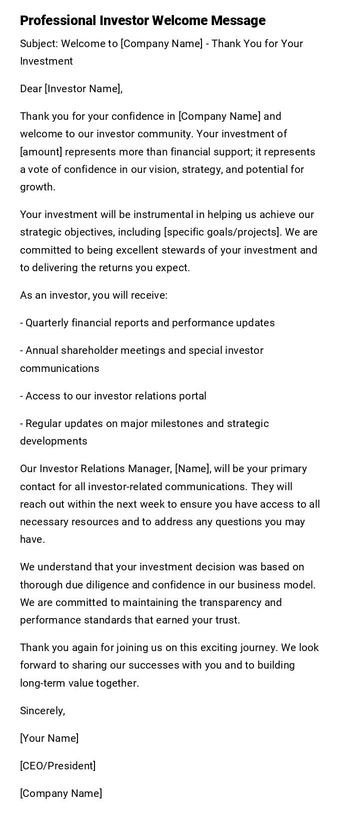 Professional Investor Welcome Message Professional Investor Welcome Message