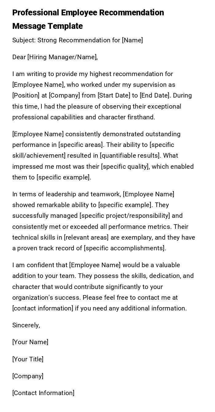 Professional Employee Recommendation Message Template