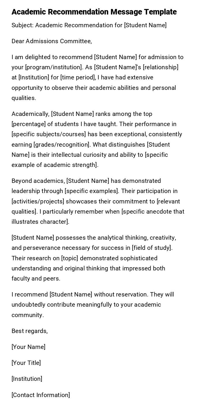 Academic Recommendation Message Template
