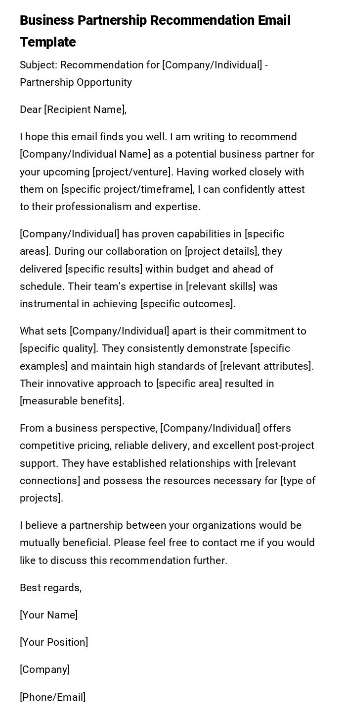 Business Partnership Recommendation Email Template