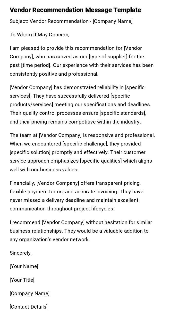 Vendor Recommendation Message Template