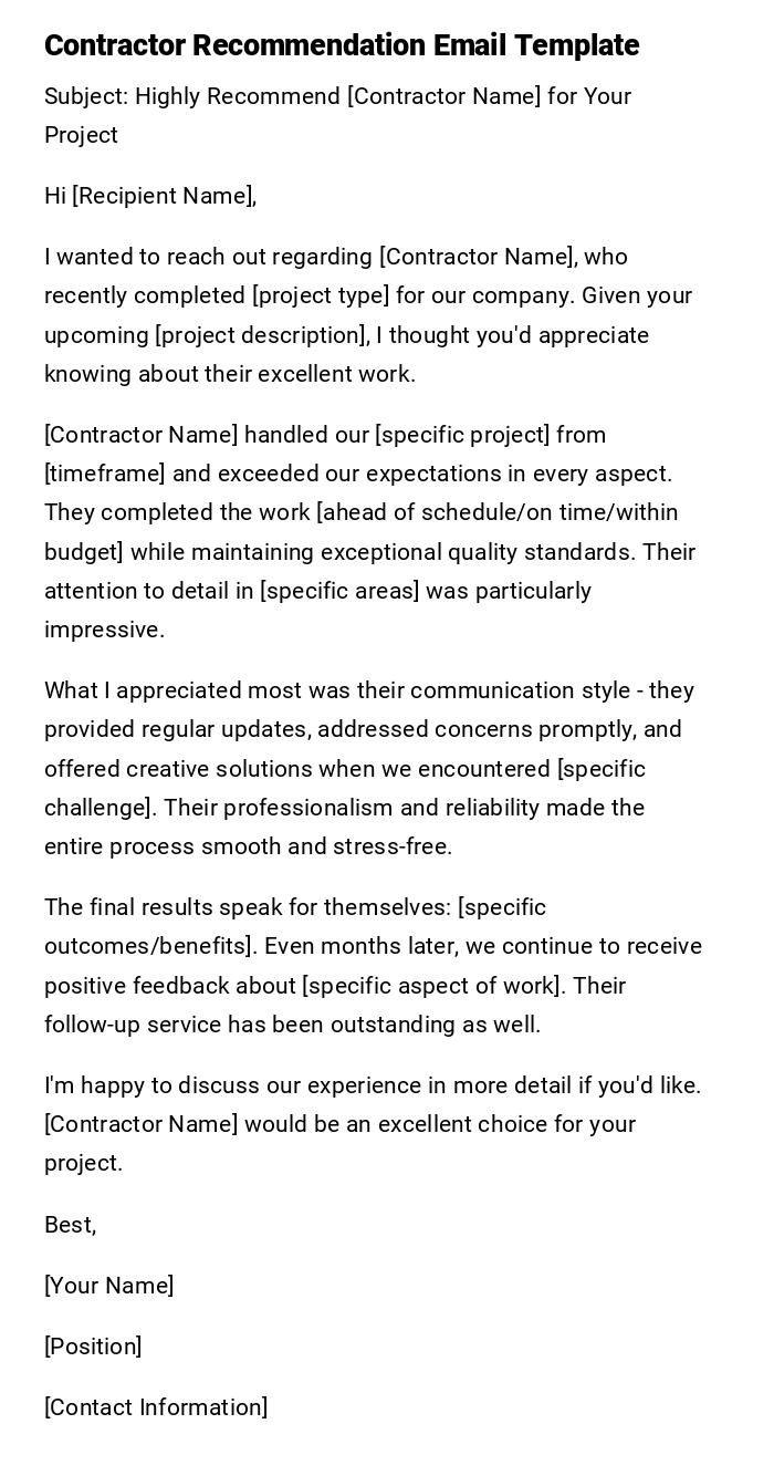 Contractor Recommendation Email Template