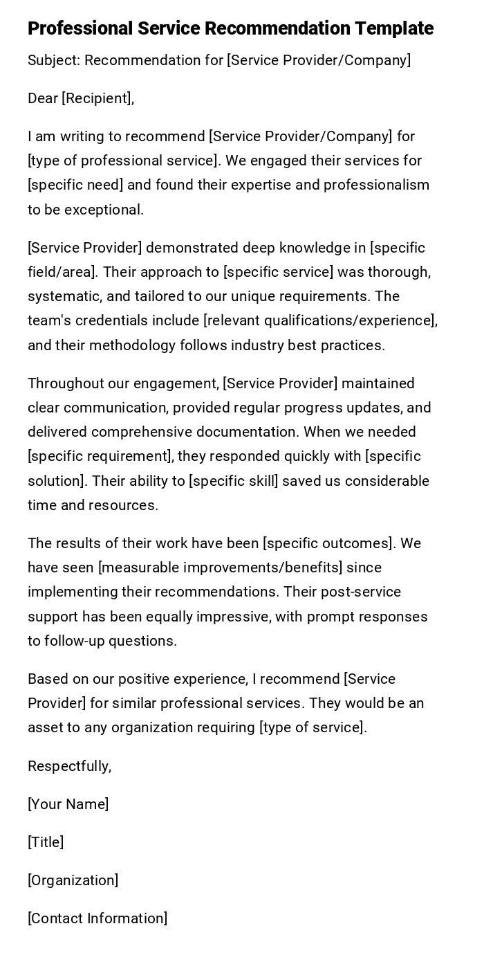 Professional Service Recommendation Template