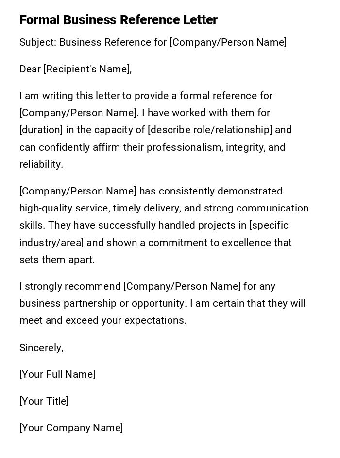 Formal Business Reference Letter Formal Business Reference Letter