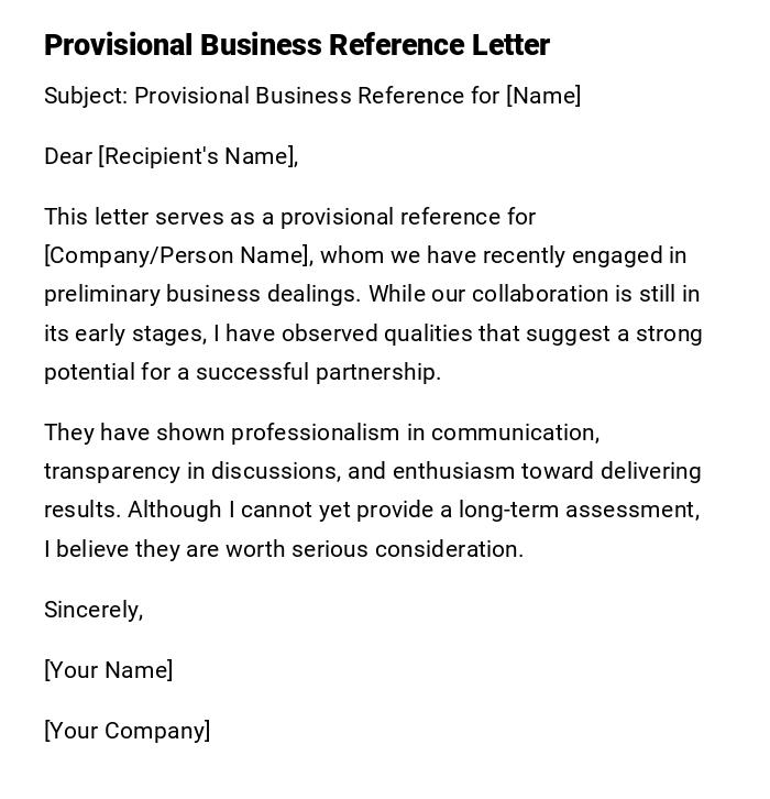 Provisional Business Reference Letter Provisional Business Reference Letter