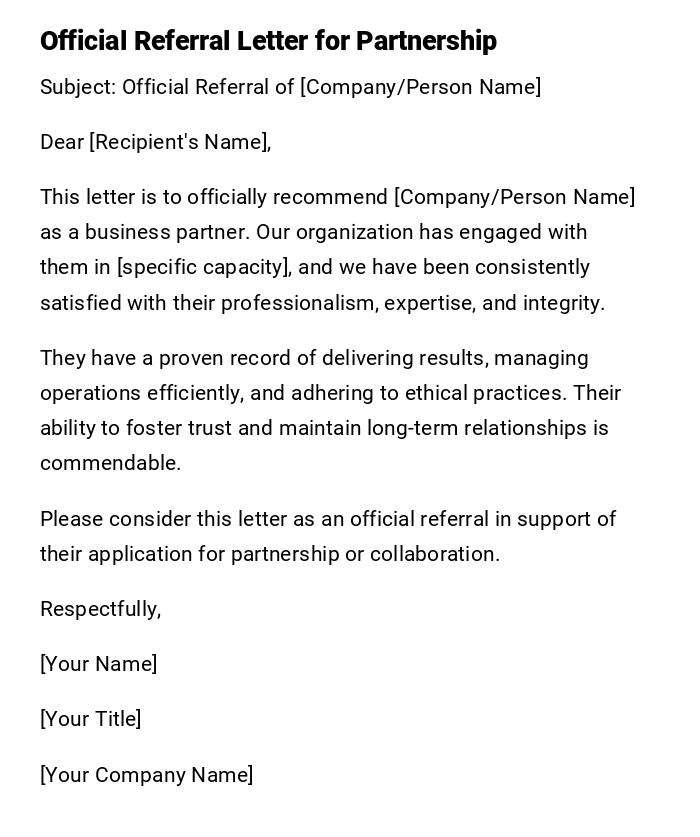 Official Referral Letter for Partnership Official Referral Letter for Partnership